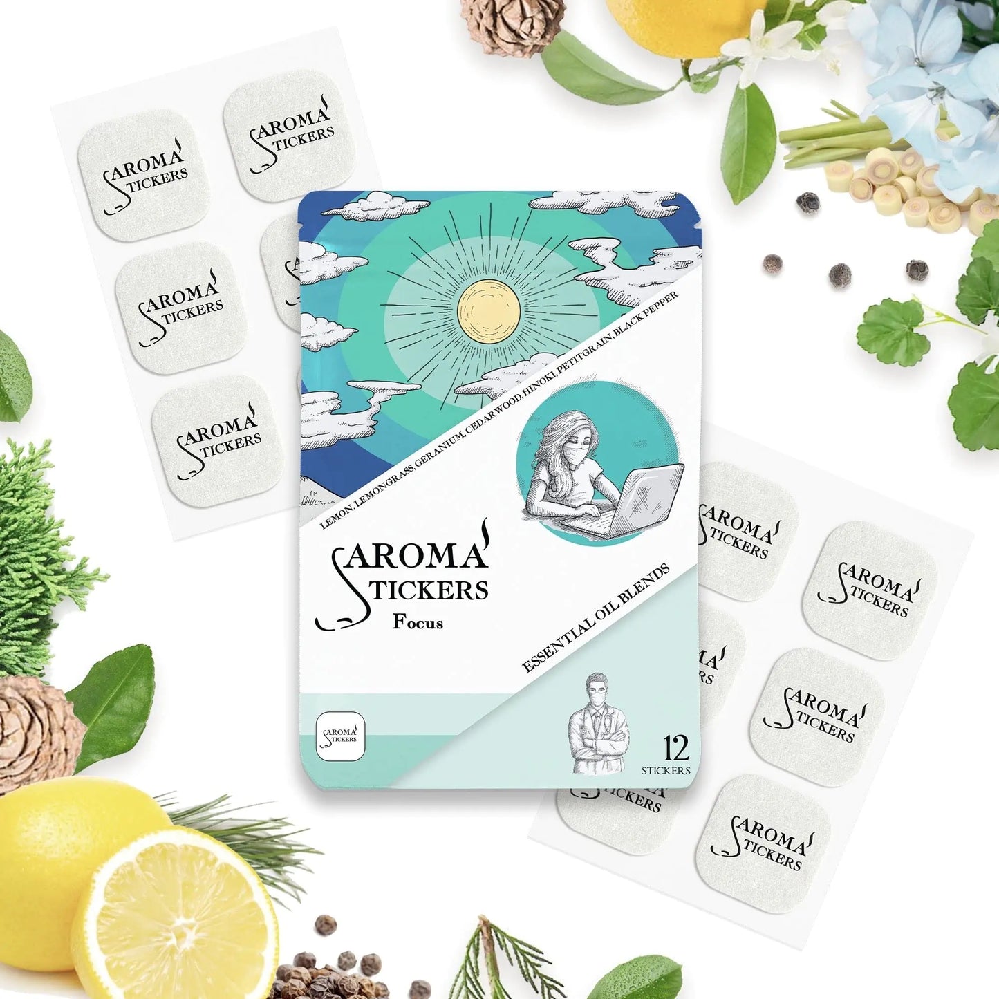 AROMA STICKERS® Original Blend Focus - 100% Natural Essential Oil Scented Stickers (Pack of 12 Stickers)