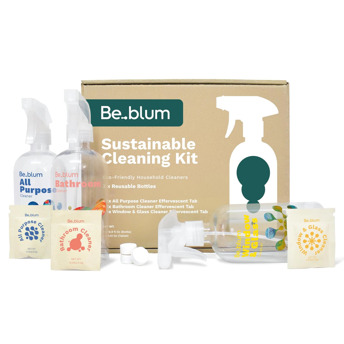 Be.blum Sustainable Cleaning Kit (3 Reusable Spray Bottles + 3 Tablets)
