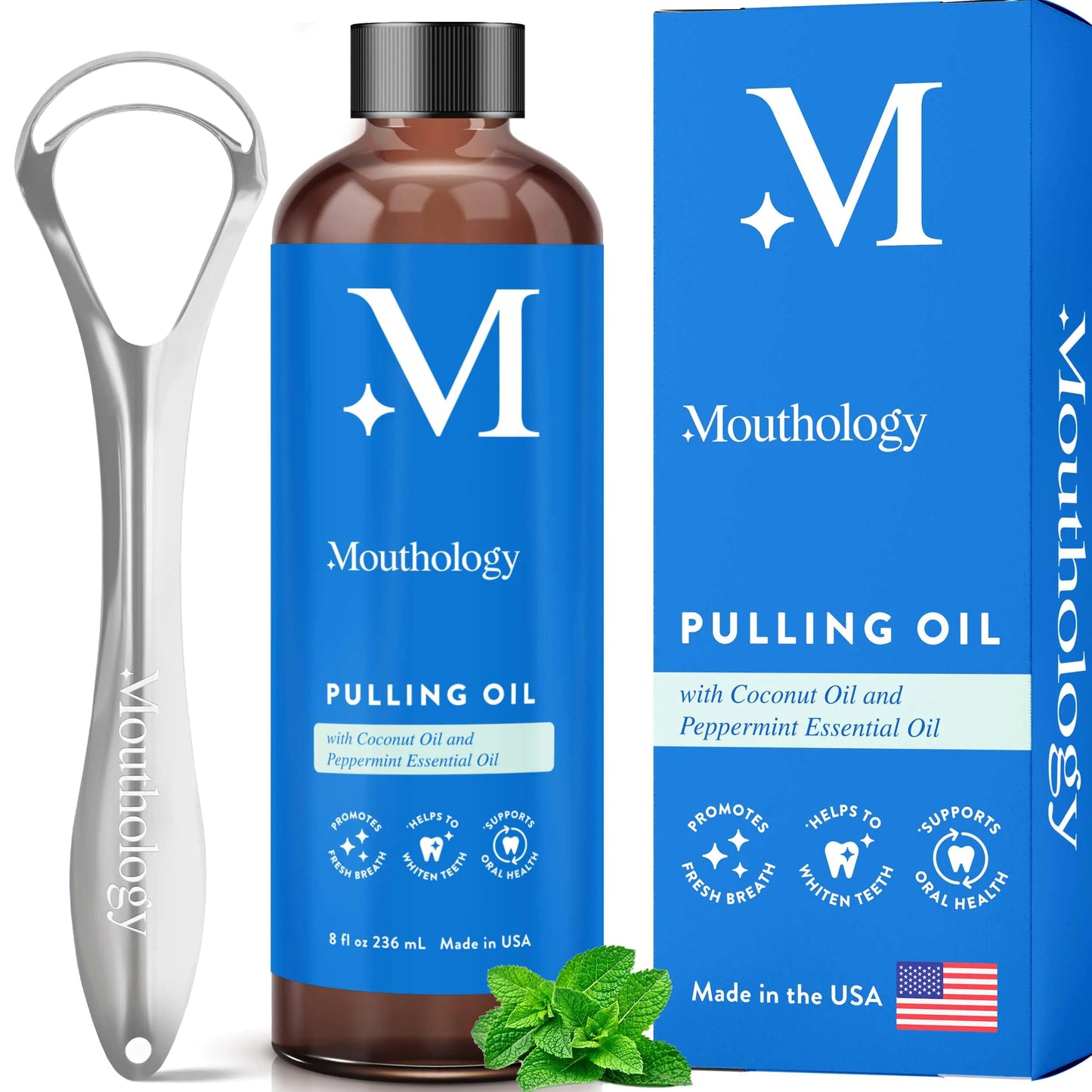 Mouthology Coconut Pulling Oil - Mint Mouthwash with Tongue Scraper