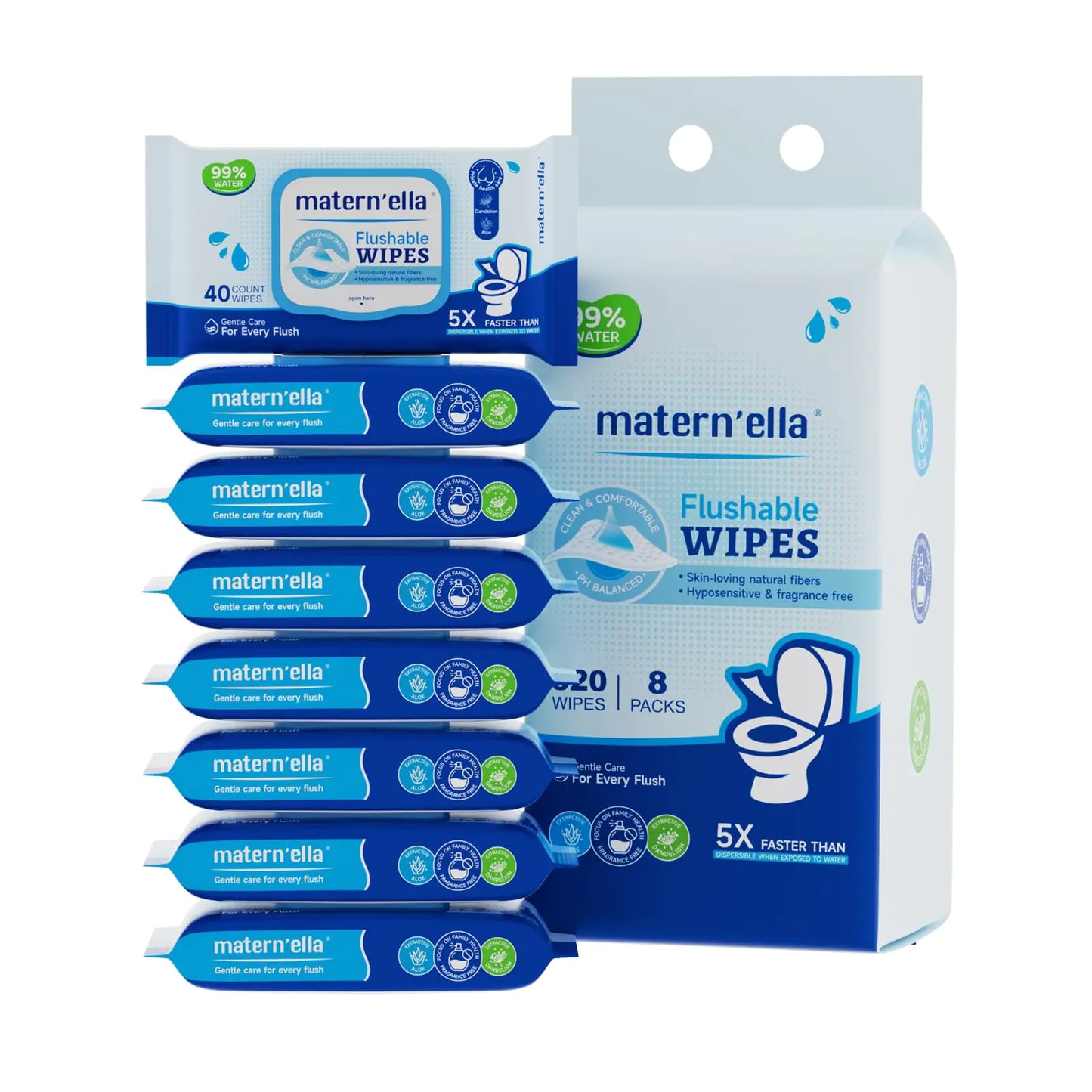 MATERNELLA Plant-Based Flushable Wipes - 8 Pack