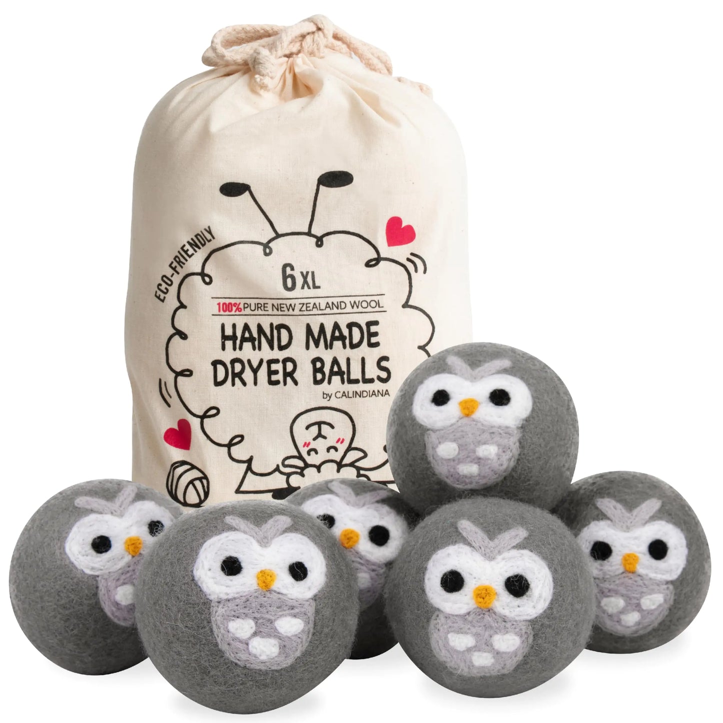 Organic Premium New Zealand Wool Dryer Balls XL 6-Pack Grey Owl