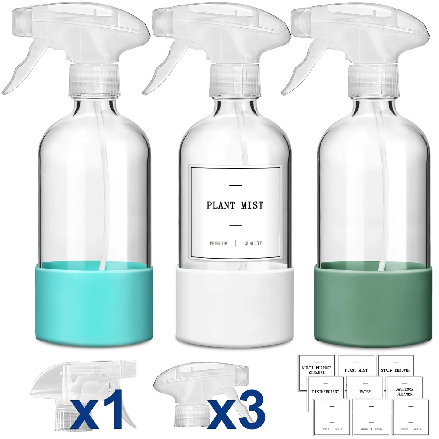 Reusable Glass Spray Bottles - 3-Pack with Silicone Sleeve and Labels